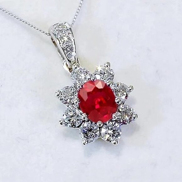 💎Silver Plated Crystal Flower Vintage Oval Cut Ruby Gemstone Necklace,UNVN12477 - Picture 1 of 3